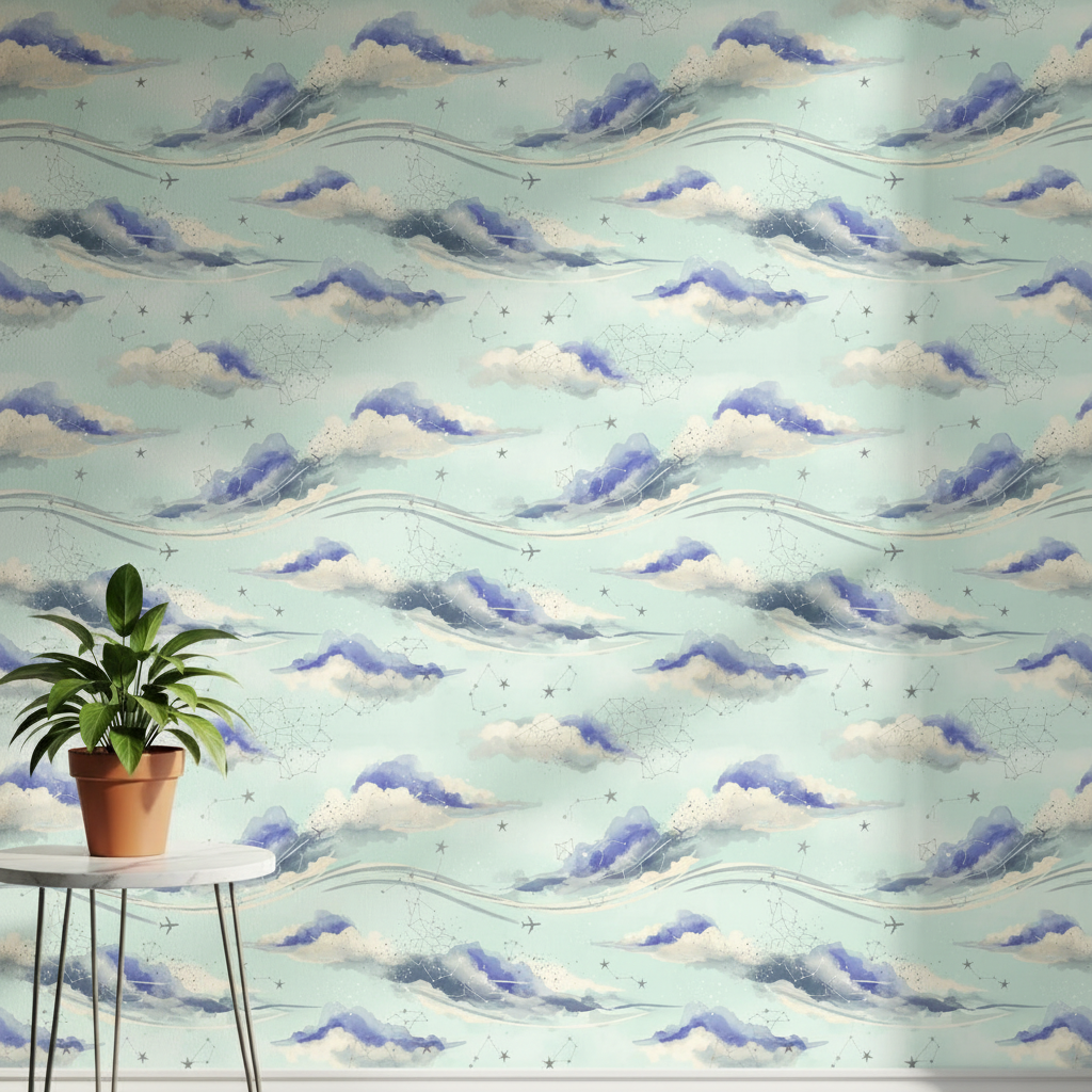Watercolor Aviation Wallpaper, Abstract Sky Cloud Pattern, Periwinkle Mint Nursery Decor, Dreamy Flight Theme Wall Art