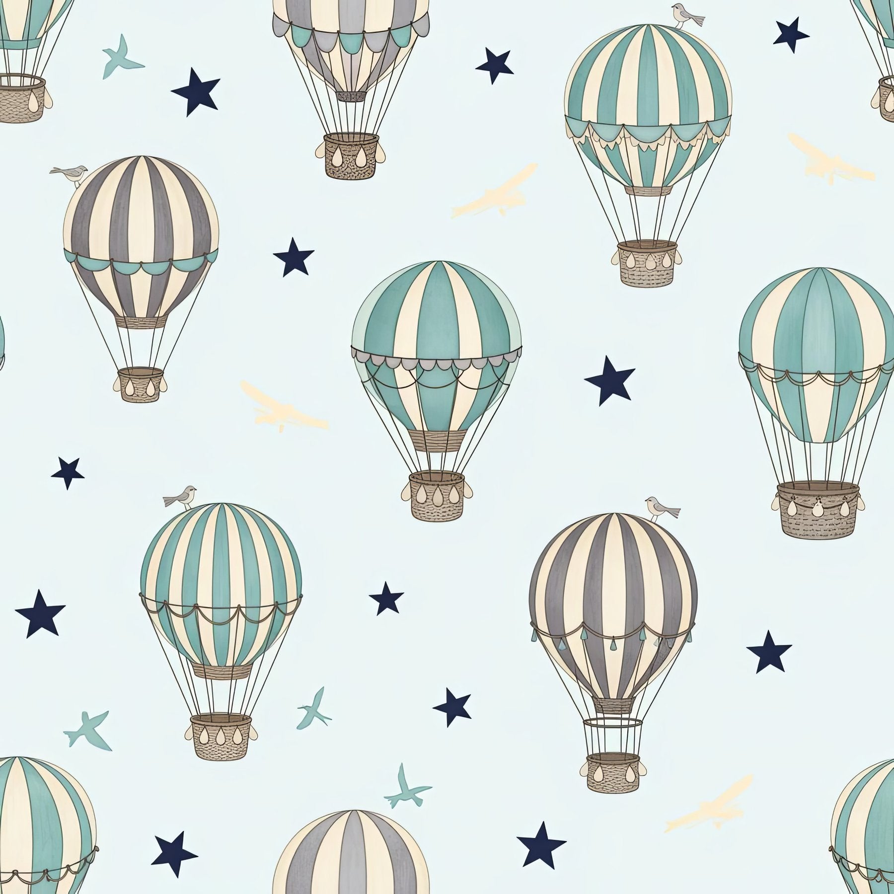 Whimsical Hot Air Balloon Wallpaper, Vintage Aviation Nursery Decor, Pale Blue Seamless Pattern, Kids Room Wall Art