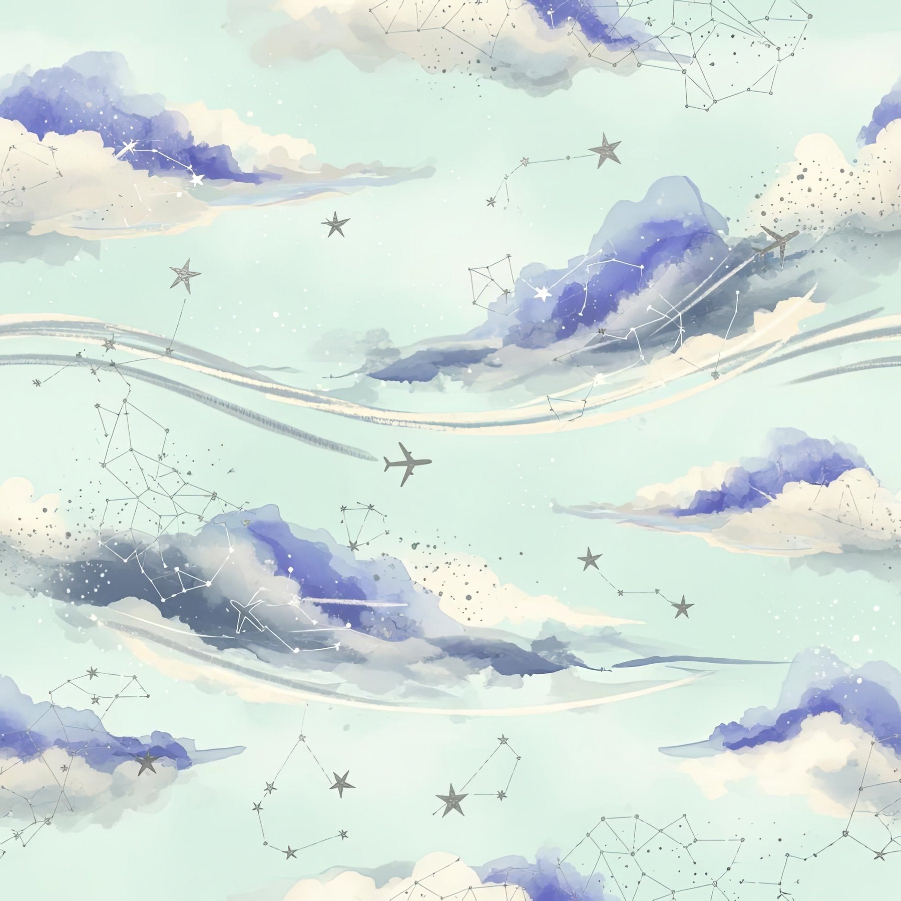 Watercolor Aviation Wallpaper, Abstract Sky Cloud Pattern, Periwinkle Mint Nursery Decor, Dreamy Flight Theme Wall Art