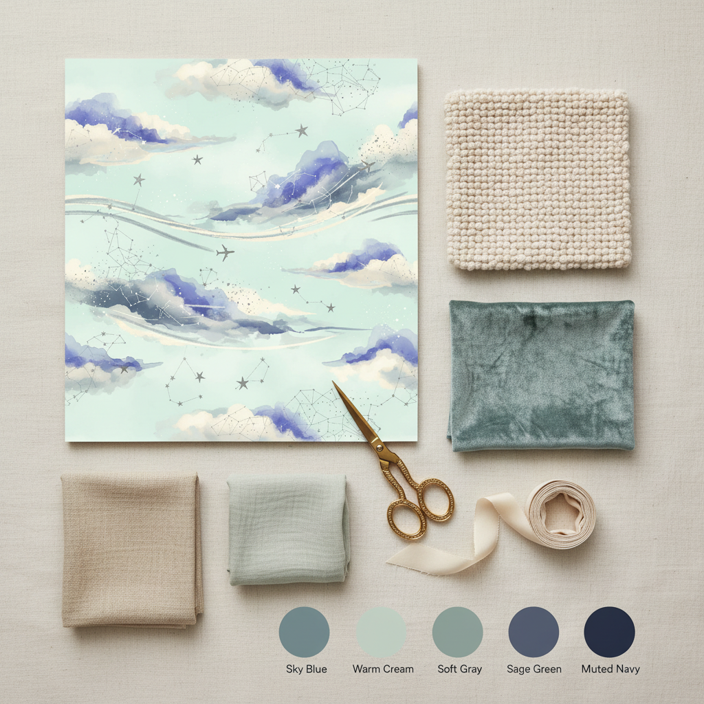 Watercolor Aviation Wallpaper, Abstract Sky Cloud Pattern, Periwinkle Mint Nursery Decor, Dreamy Flight Theme Wall Art