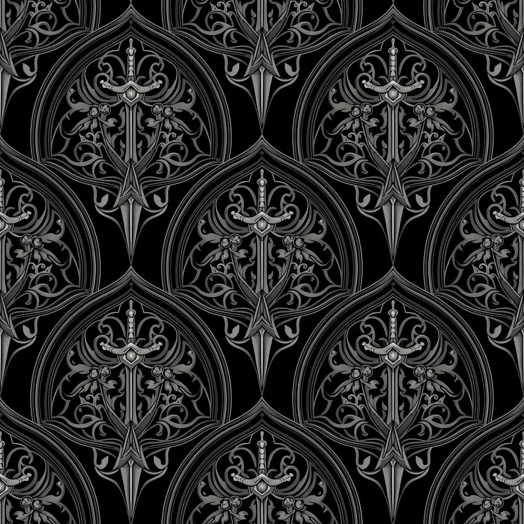 Gothic Damask Wallpaper, Dark Dagger Pattern, Silver Metallic Seamless Design, Luxury Manor Home Decor, Peel and Stick Wall Art