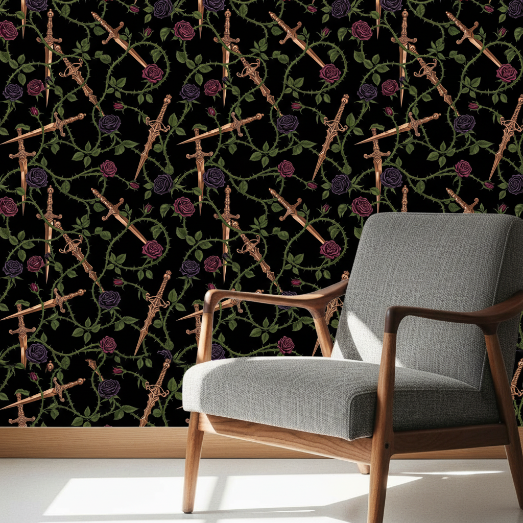 Gothic Botanical Wallpaper, Dark Green Thorn Vine Pattern, Copper Metallic Seamless Design, Manor House Decor, Gothic Wall Art