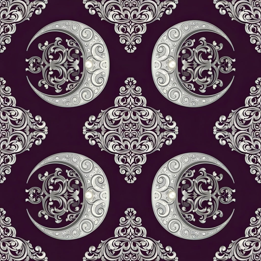 Baroque Moon Damask Wallpaper, Purple Silver Classical Pattern, Luxury Peel Stick, Elegant Home Decor Wall Art