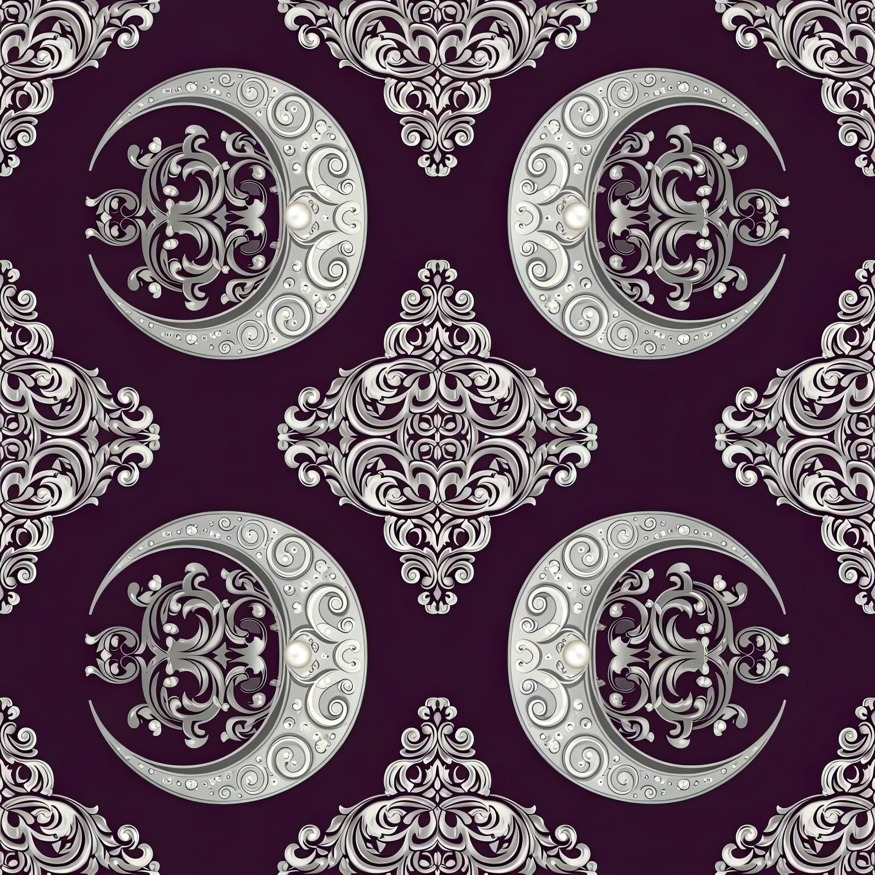 Baroque Moon Damask Wallpaper, Purple Silver Classical Pattern, Luxury Peel Stick, Elegant Home Decor Wall Art