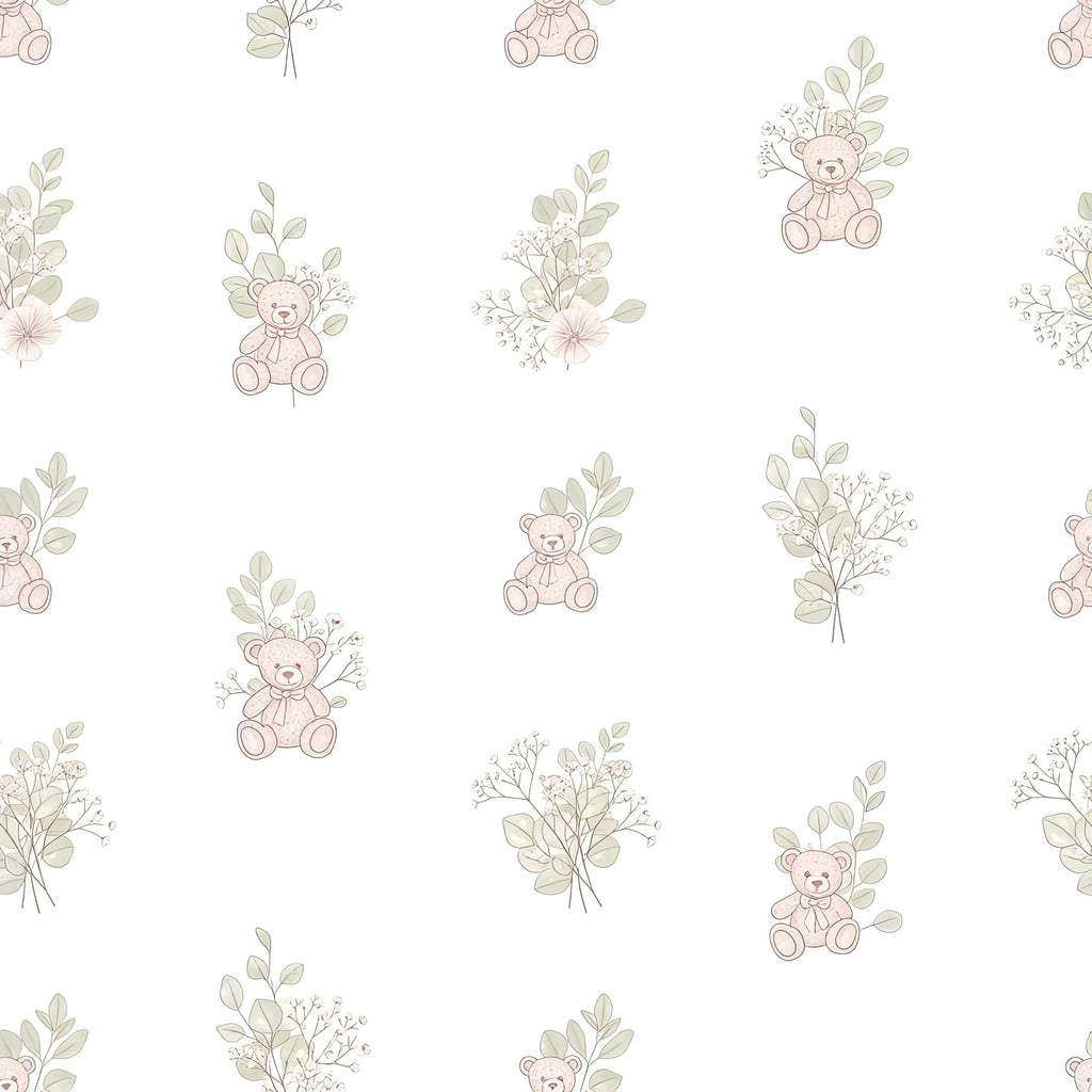 Blush Pink Teddy Bear Wallpaper, Botanical Nursery Pattern, Cream Baby Room Decor, Soft Neutral Seamless Design