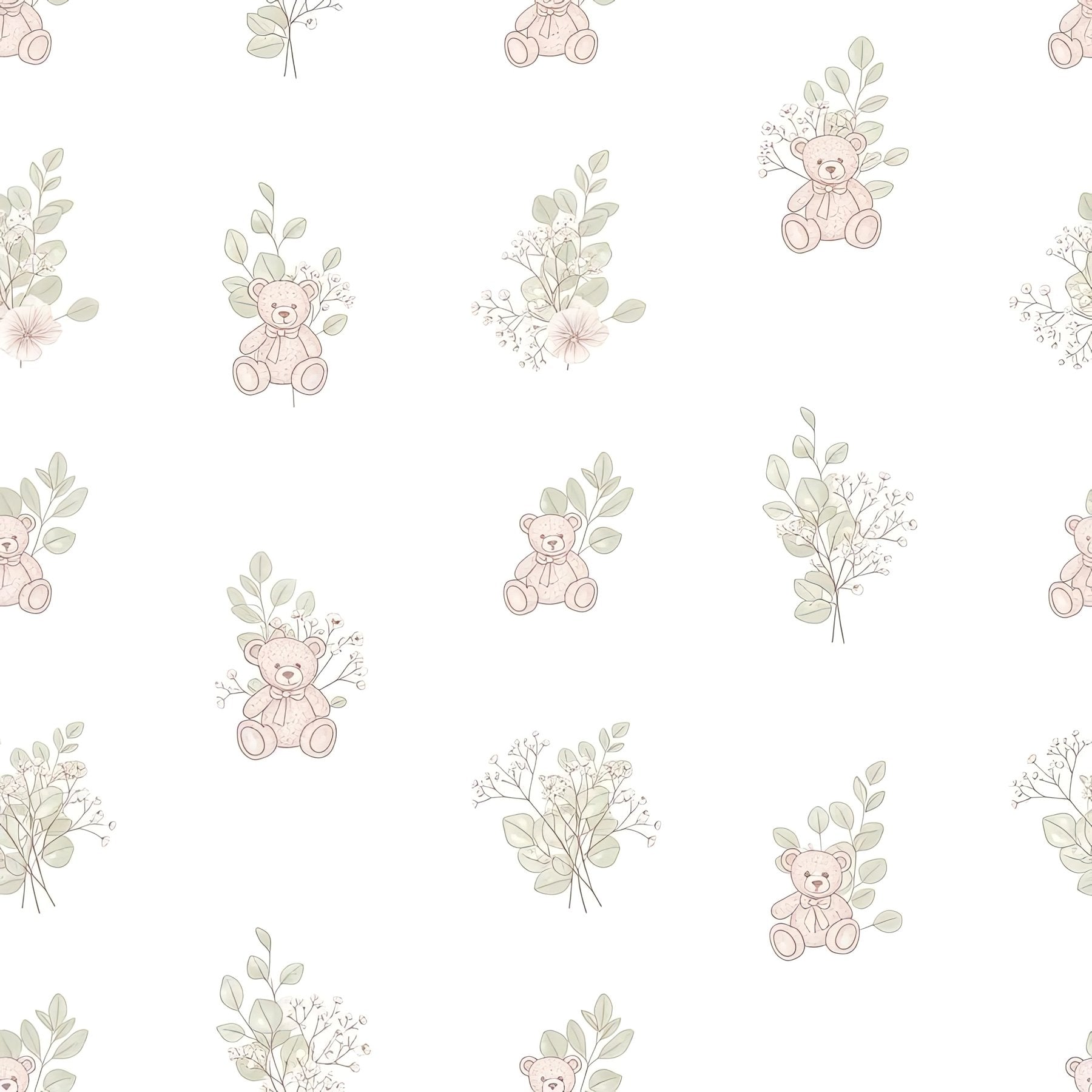 Blush Pink Teddy Bear Wallpaper, Botanical Nursery Pattern, Cream Baby Room Decor, Soft Neutral Seamless Design