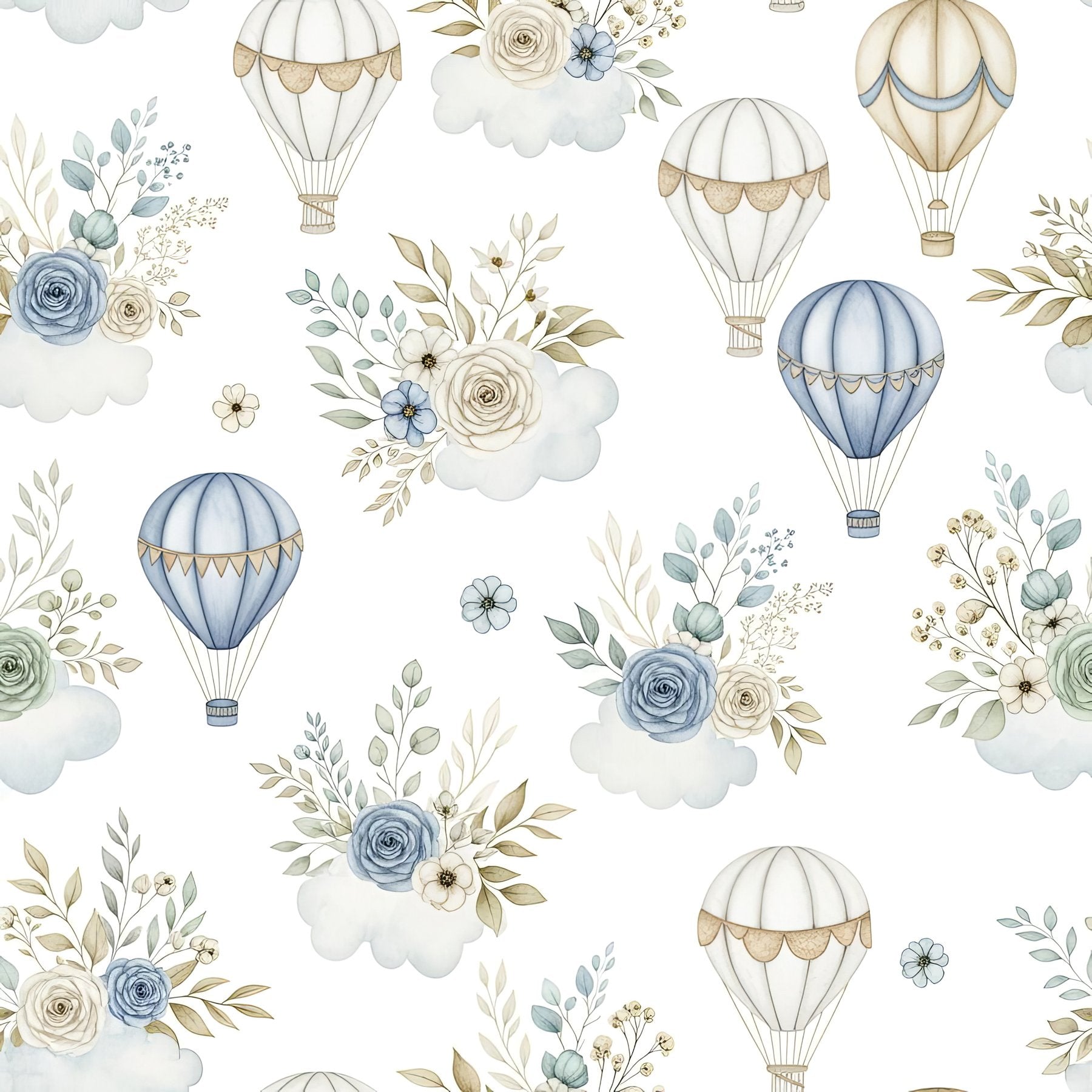 Botanical Air Balloon Wallpaper, Vintage Blue Pattern, Nursery Room Decor, Floral Cloud Design, Peel and Stick Art