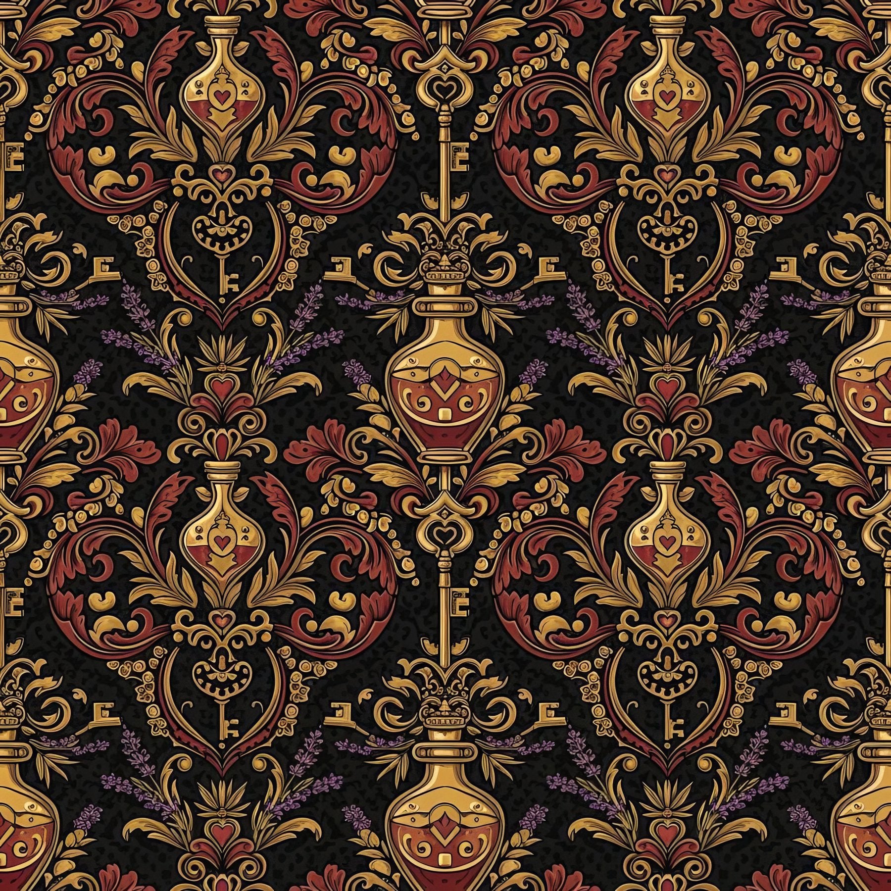 Victorian Love Spell Wallpaper, Burgundy Gold Damask Pattern, Gothic Romance Home Decor, Luxury Peel Stick Wall Art