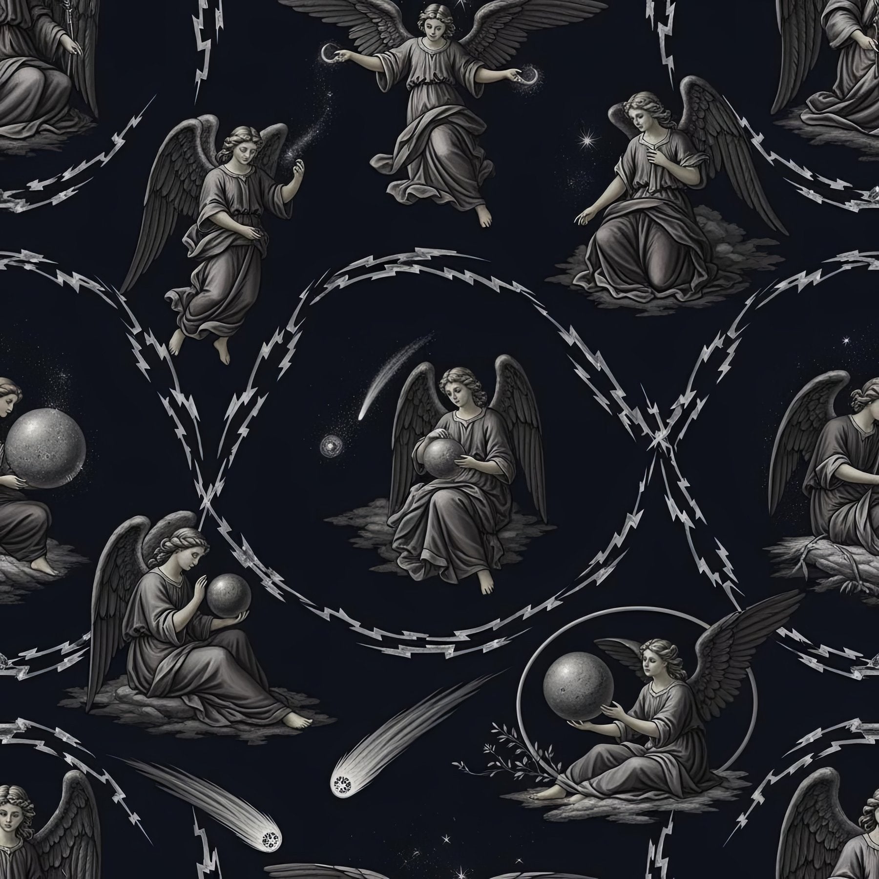 Celestial Angel Toile Wallpaper, Classical Lightning Pattern, Indigo Silver Gray, Vintage Luxury Wall Art, Gothic Home Decor