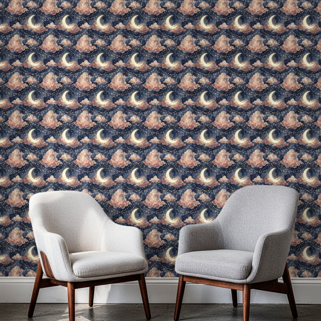 Whimsical Celestial Moon Wallpaper, Navy Blue and Gold Starry Night, Dusty Rose Clouds, Luxury Watercolor Seamless Pattern, Nursery Decor