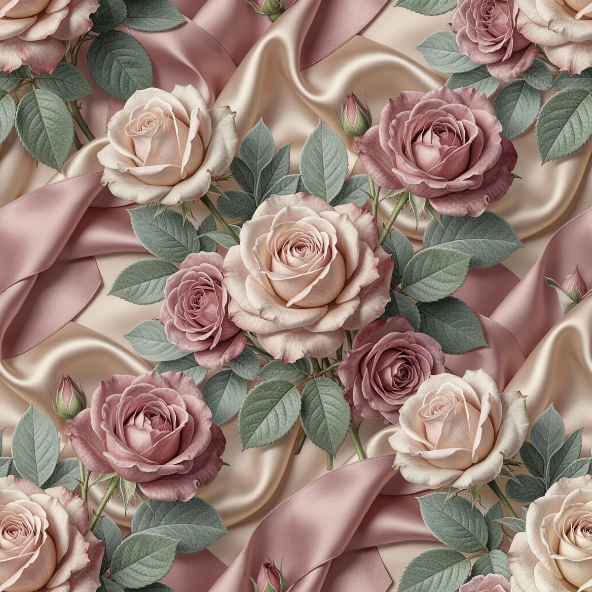 Champagne Silk Bow Wallpaper, Dusty Rose Floral Seamless Pattern, Luxury Botanical Wall Decor, Realistic Fabric Texture Peel and Stick