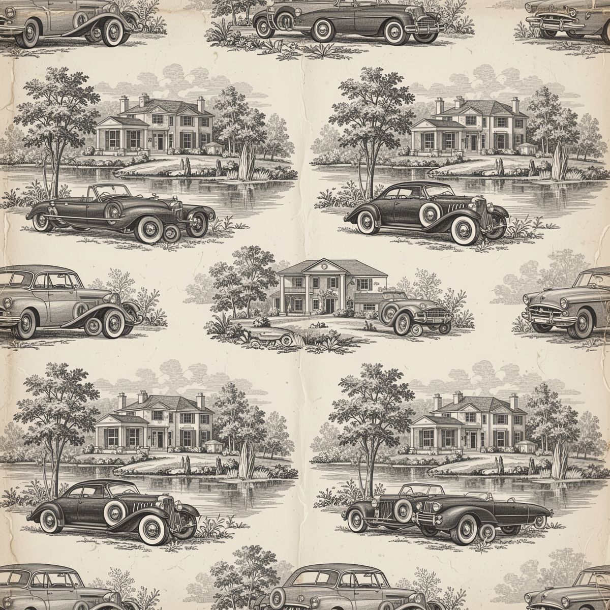 Vintage Car Toile Wallpaper, Charcoal and Cream Seamless Pattern, Luxury Classic Roadster Wall Decor, High End Realistic Peel and Stick