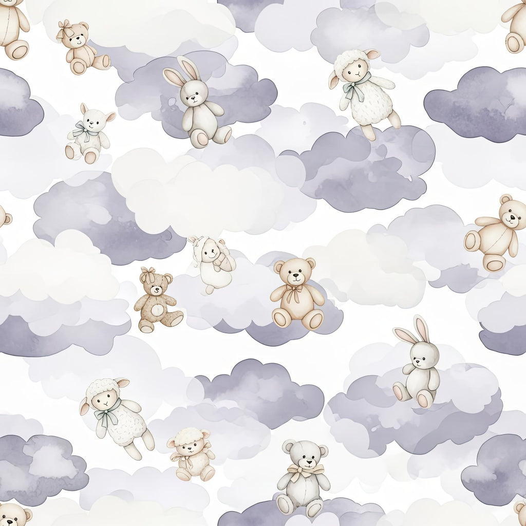 Lavender Cloud Nursery Wallpaper, Stuffed Animal Pattern, Watercolor Baby Decor, Soft Neutral Seamless Design