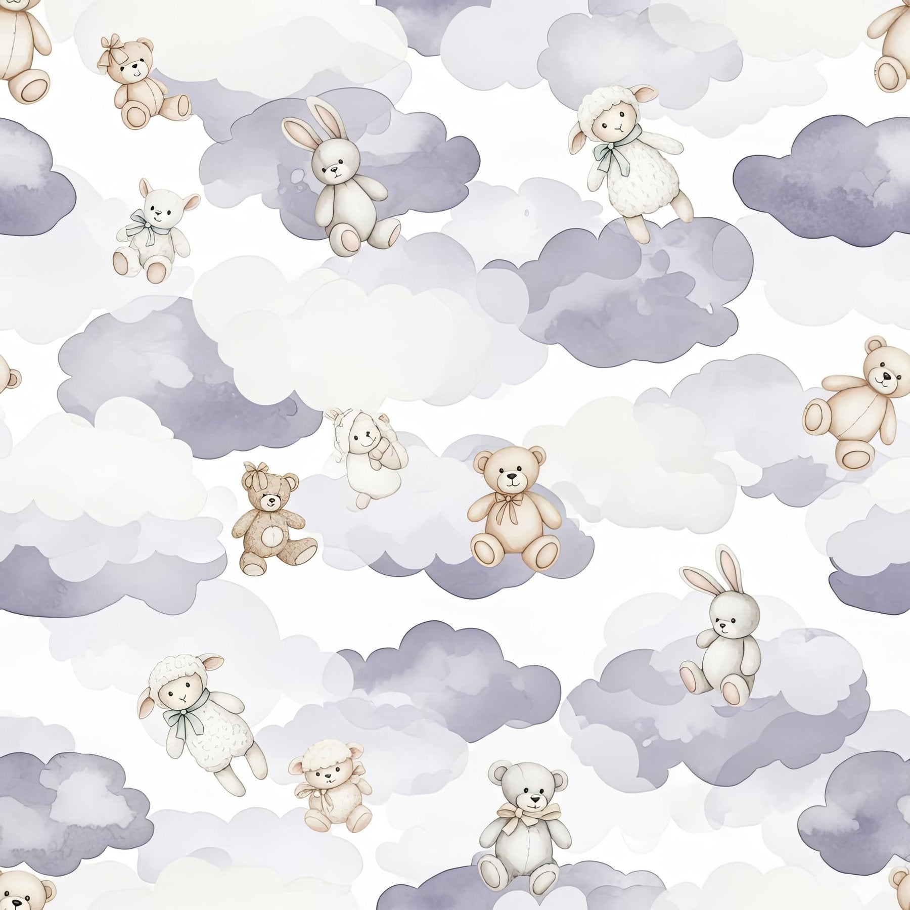 Lavender Cloud Nursery Wallpaper, Stuffed Animal Pattern, Watercolor Baby Decor, Soft Neutral Seamless Design