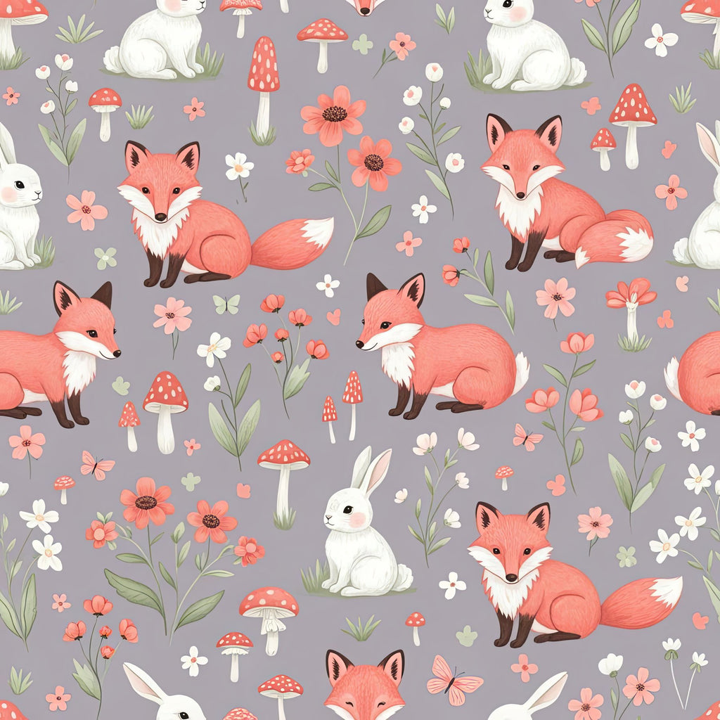 Coral Woodland Animals Wallpaper, Whimsical Fox Rabbit Pattern, Storybook Nursery Decor, Kids Room Wall Art, Cute Forest