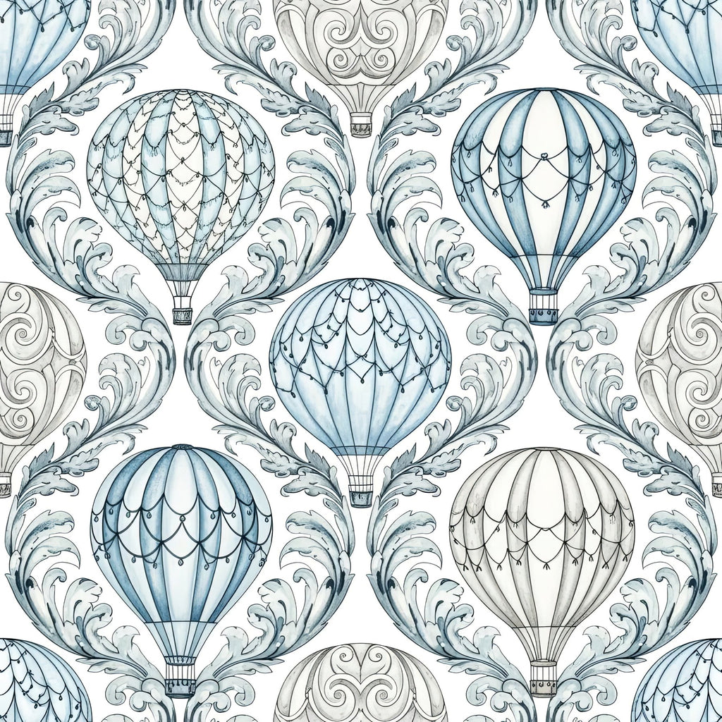 Damask Hot Air Balloon Wallpaper, Ornate Blue Pattern, Luxury Nursery Decor, Baroque Cloud Design, Premium Wall Art