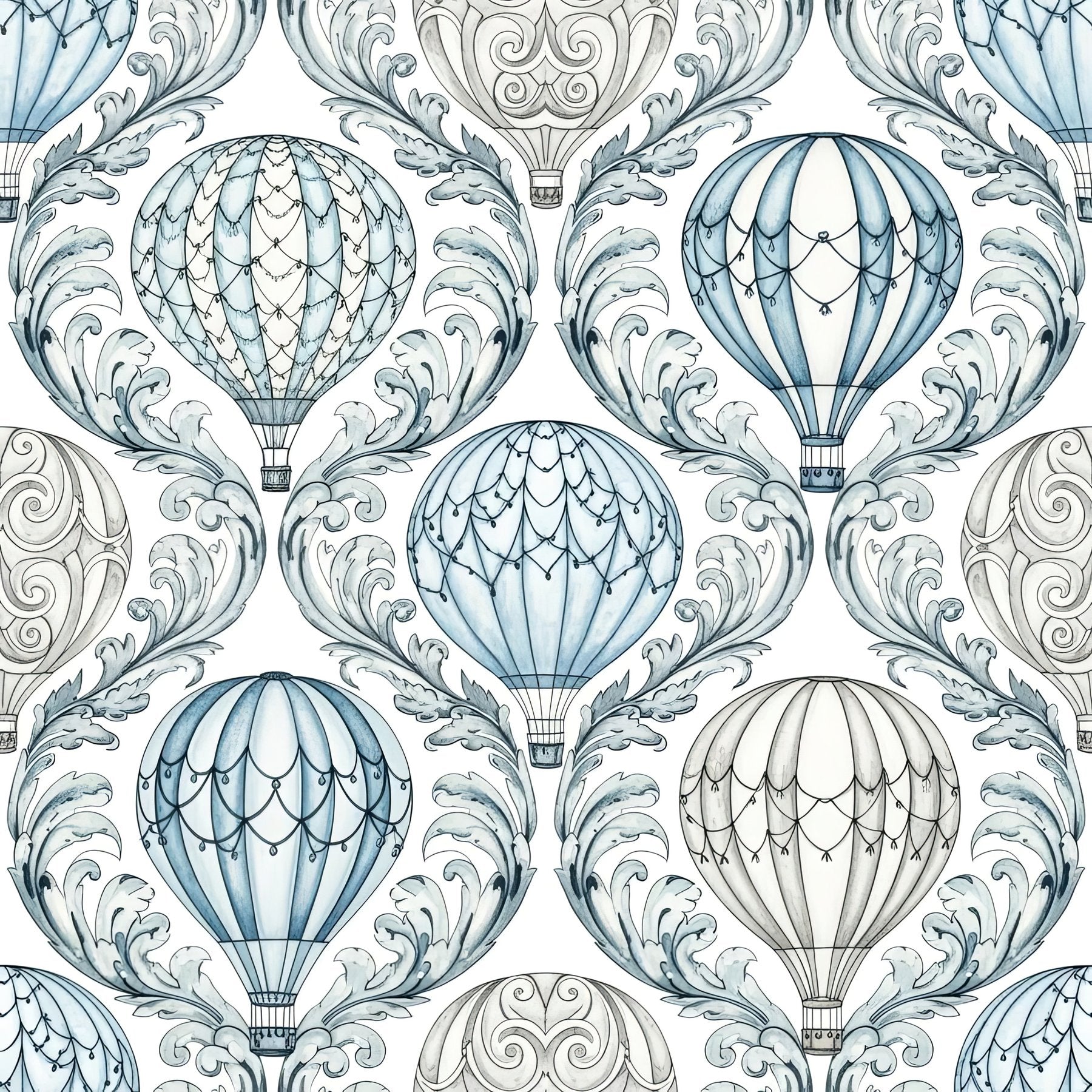 Damask Hot Air Balloon Wallpaper, Ornate Blue Pattern, Luxury Nursery Decor, Baroque Cloud Design, Premium Wall Art