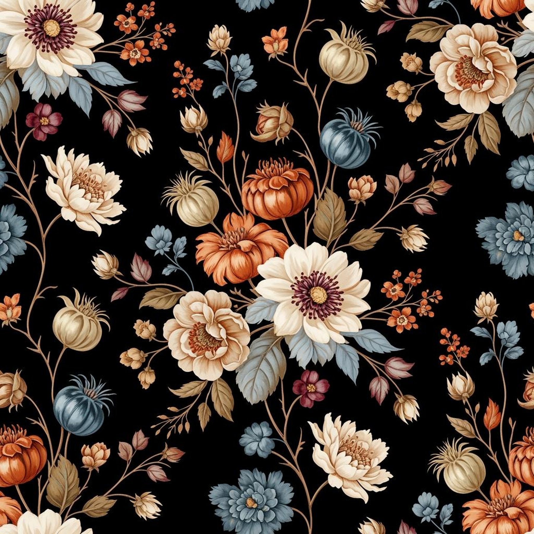Dramatic Autumn Bloom Wallpaper, Dark Botanical Pattern, Black Floral Wall Art, Moody Victorian Home Decor Design