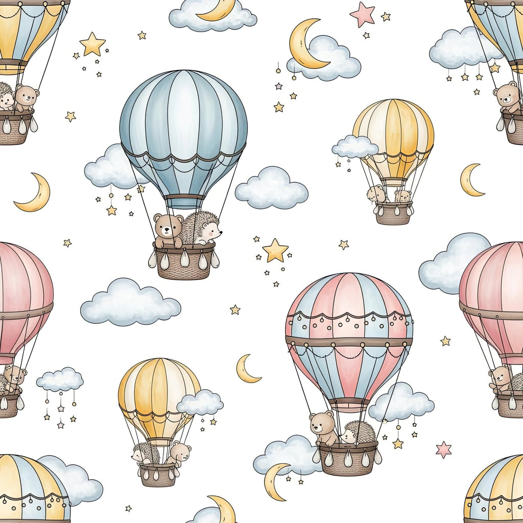 Dreamy Hot Air Balloon Wallpaper, Bear Hedgehog Sky Pattern, Nursery Cloud Decor, Kids Room Wall Art, Whimsical Animals