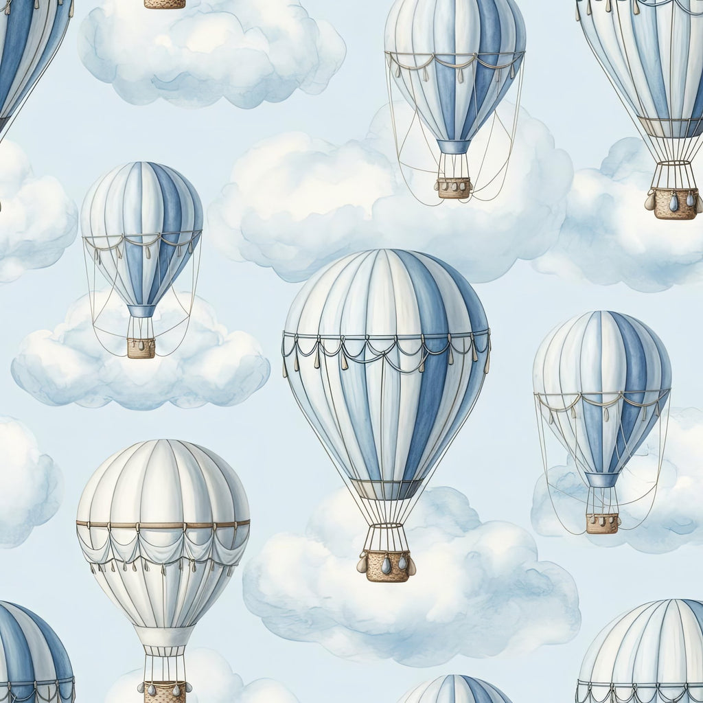 Watercolor Hot Air Balloon Wallpaper, Sky Blue Dreamy Pattern, Nursery Wall Decor, Peel Stick, Cloud Design Home Art