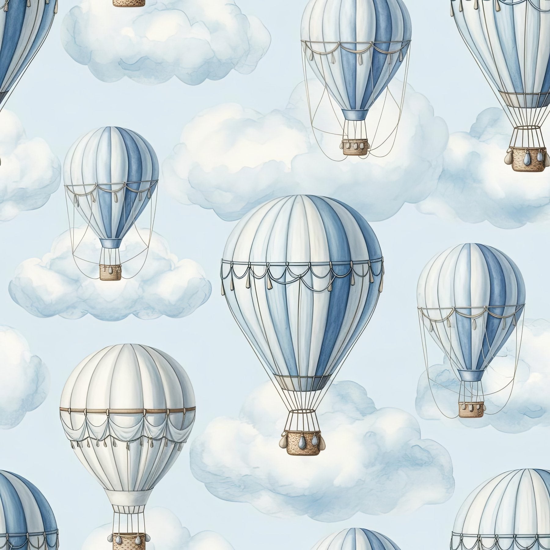 Watercolor Hot Air Balloon Wallpaper, Sky Blue Dreamy Pattern, Nursery Wall Decor, Peel Stick, Cloud Design Home Art
