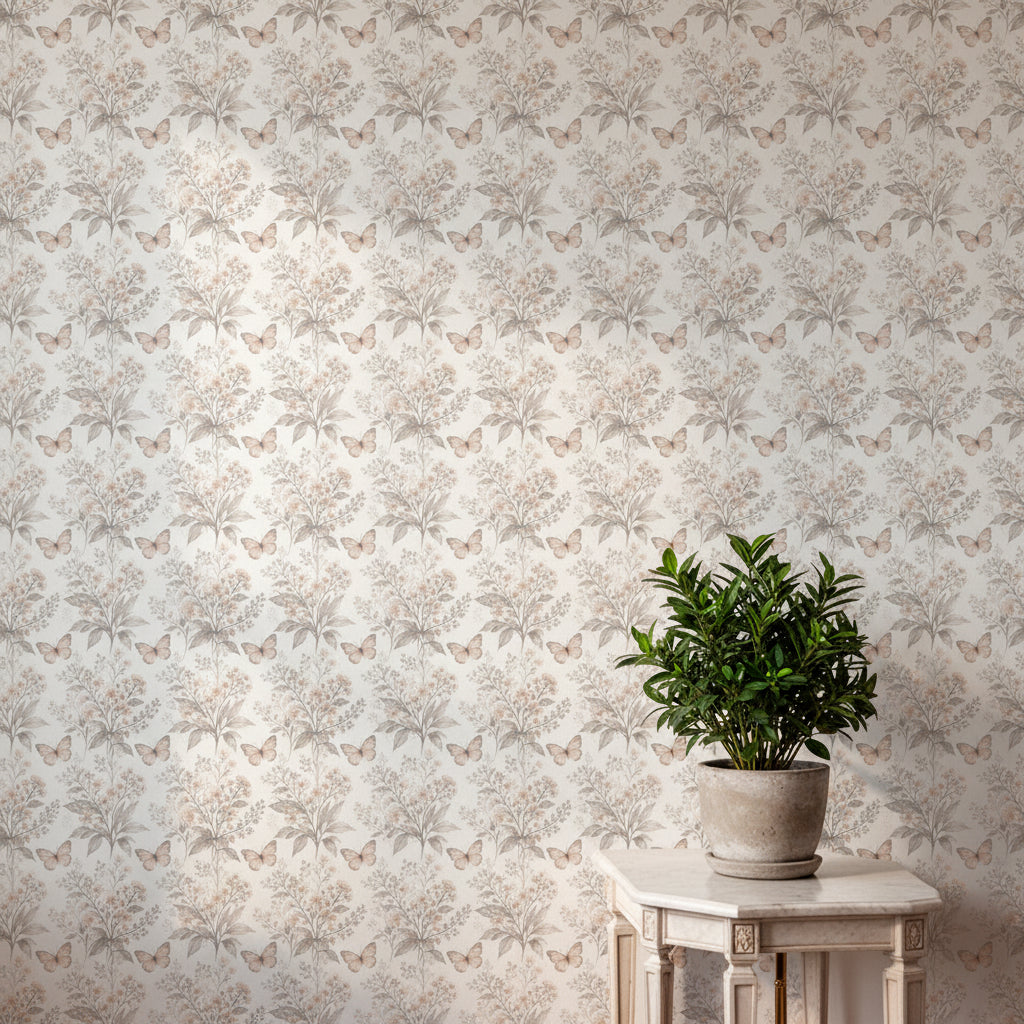 Dusty Pink Wildflower Wallpaper, Muted Botanical Seamless Pattern, Whimsical Nursery Wall Decor, Elegant Butterfly Print, Removable Wallpaper