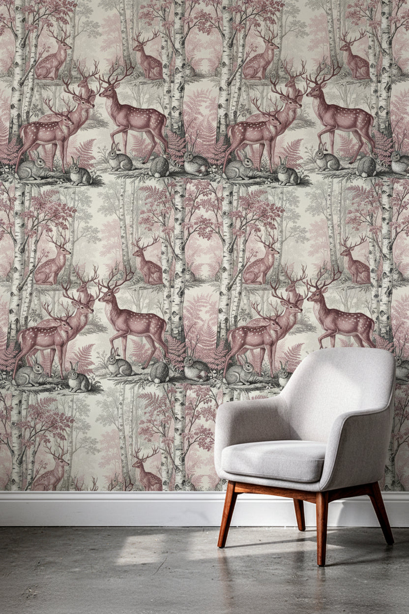 Dusty Rose Woodland Toile Wallpaper, Realistic Stag and Rabbit Seamless Pattern, Luxury Dreamy Forest Wall Art, Vintage Nature Decor
