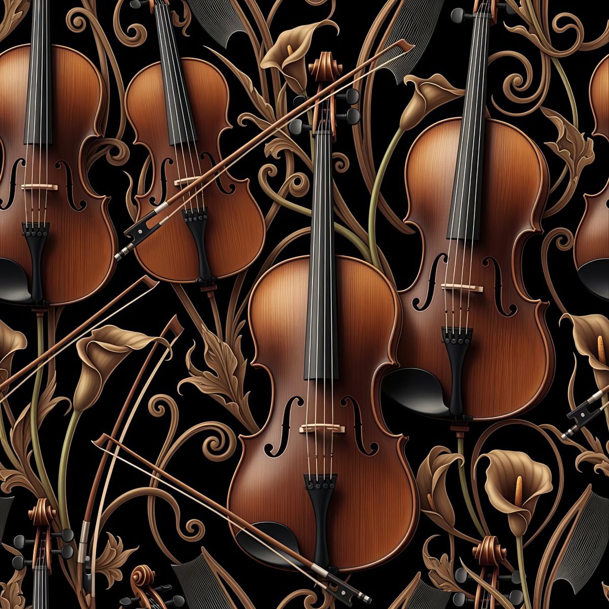 Art Nouveau Violin Wallpaper, Black Bronze Seamless Pattern, Music Lover Wall Art, Luxury Peel and Stick, Dark Moody Decor