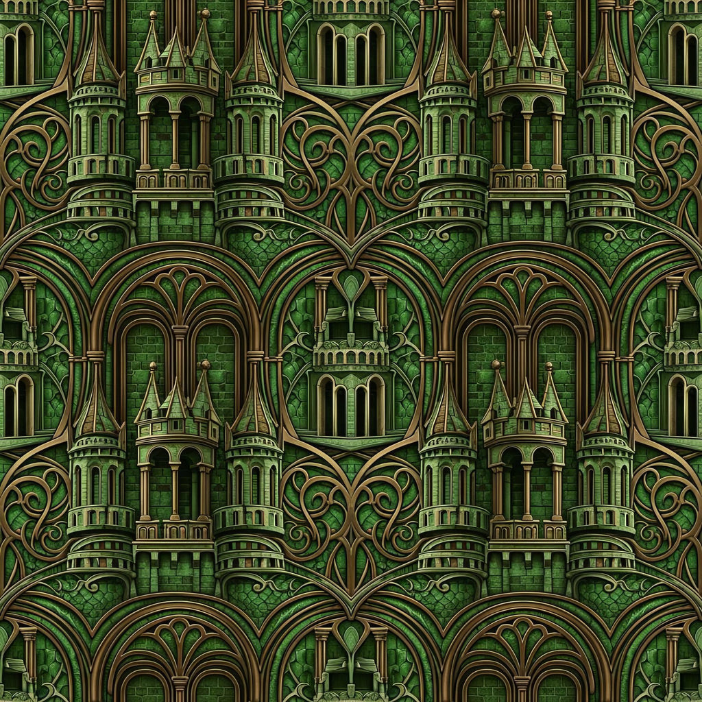 Art Nouveau Castle Tower Wallpaper, Emerald Green Bronze Pattern, Architectural Luxury Design, Modern Medieval Home Decor