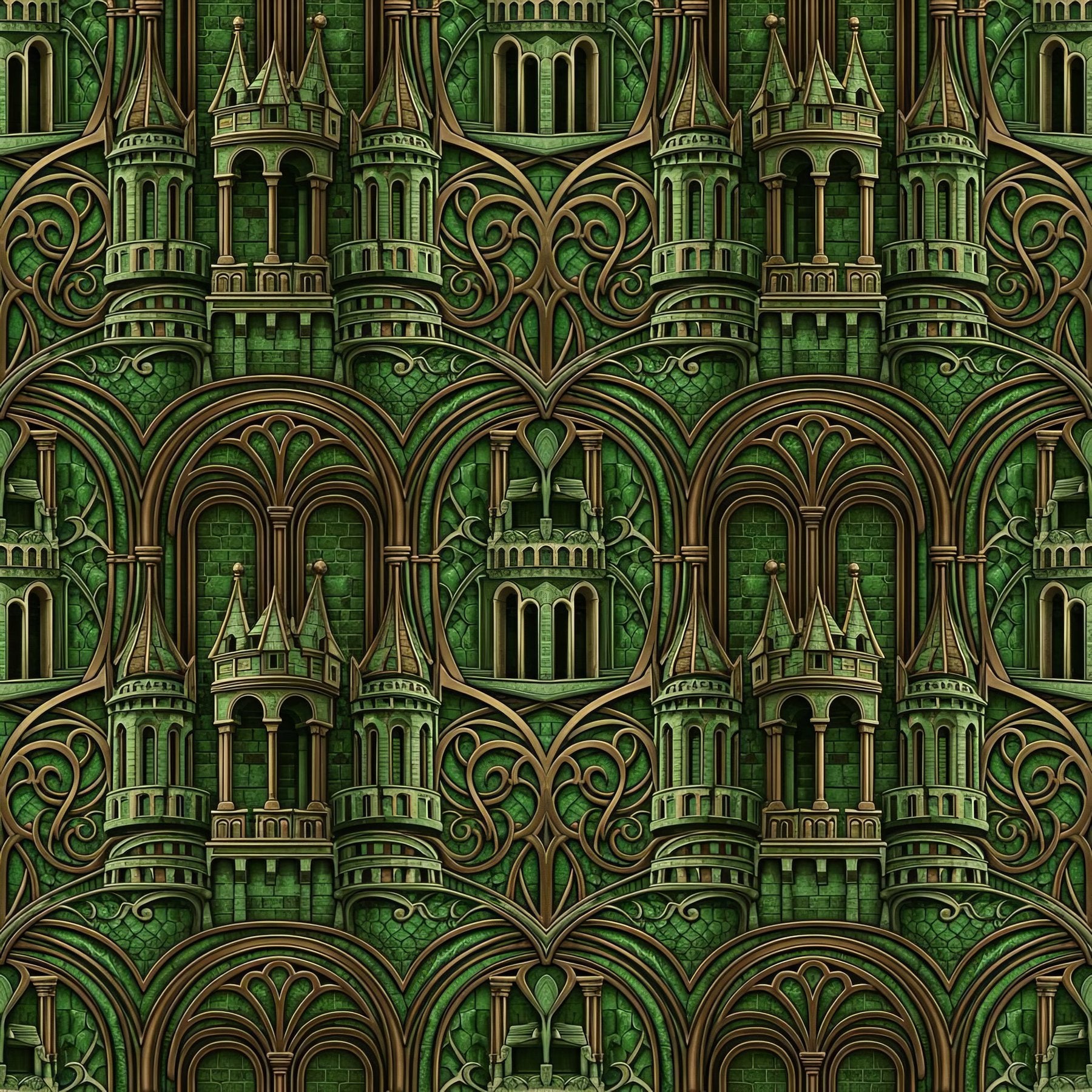 Art Nouveau Castle Tower Wallpaper, Emerald Green Bronze Pattern, Architectural Luxury Design, Modern Medieval Home Decor
