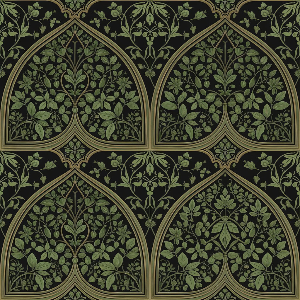 Gothic Arch Wallpaper, Green Trefoil Pattern, Medieval Botanical Design, Luxury Dark Green Wall Decor, Art Deco Elements