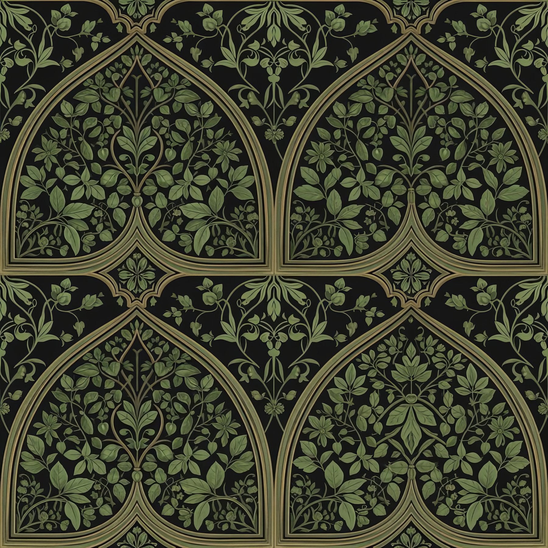 Gothic Arch Wallpaper, Green Trefoil Pattern, Medieval Botanical Design, Luxury Dark Green Wall Decor, Art Deco Elements