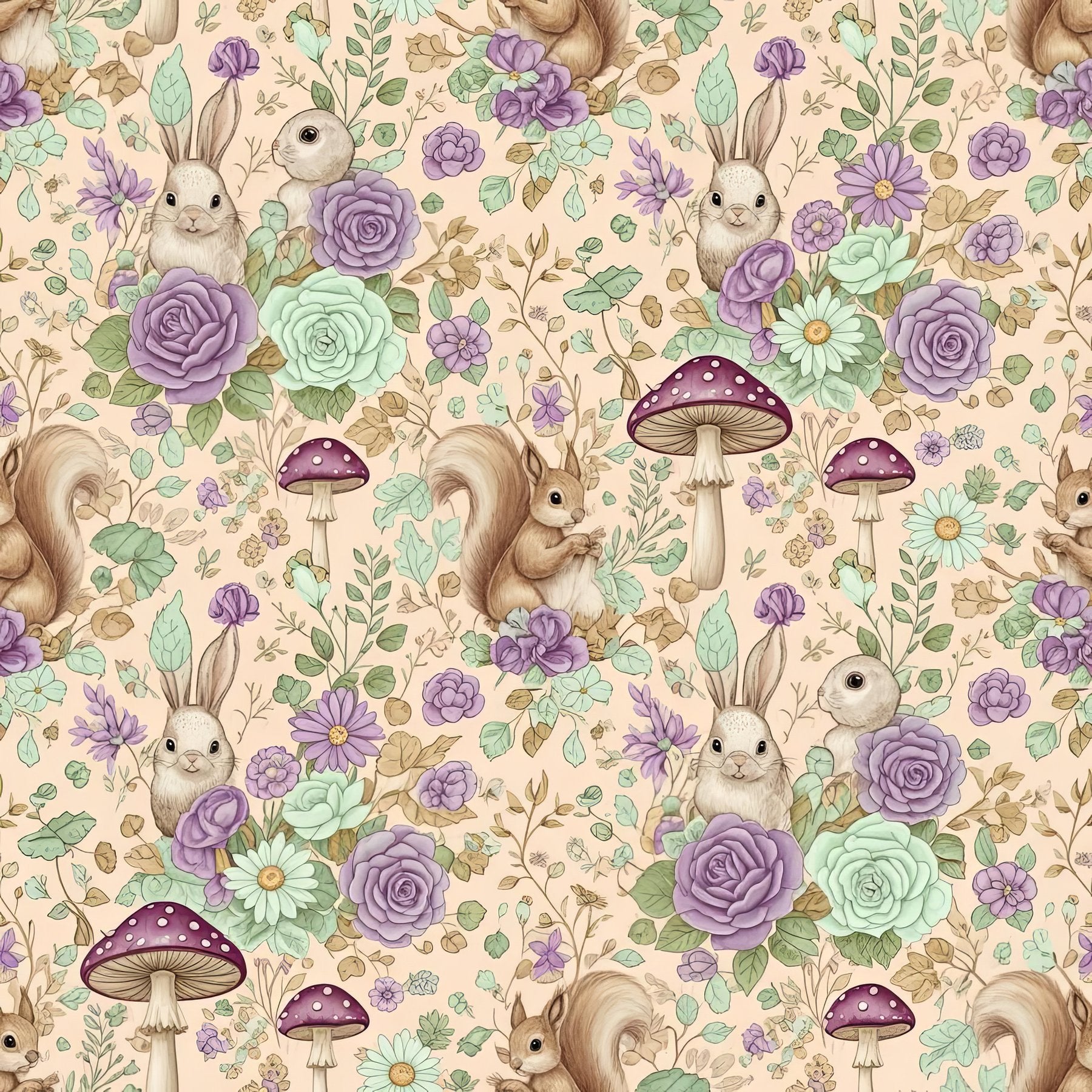 Fairy Garden Bunny Wallpaper, Purple Floral Animal Pattern, Cottage Nursery Decor, Kids Room Wall Art, Whimsical Rabbits