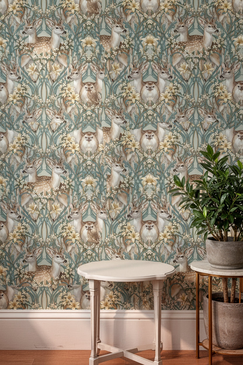 Gold Jasmine Deer Art Nouveau Wallpaper, Realistic Botanical Wildlife Pattern, Luxury Teal and Gold Wall Decor, Dreamy Floral Mural
