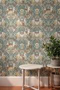 Gold Jasmine Deer Art Nouveau Wallpaper, Realistic Botanical Wildlife Pattern, Luxury Teal and Gold Wall Decor, Dreamy Floral Mural