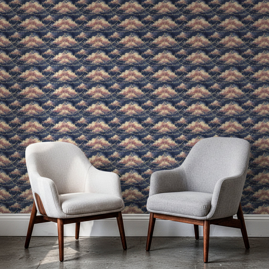 Romantic Fairy Light Wallpaper, Deep Navy Celestial Pattern, Soft Rose Clouds and Gold Stars, Luxury Bedroom Wall Decor, Seamless Print