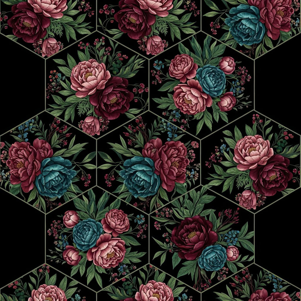 Geometric Floral Wallpaper, Hexagon Botanical Pattern, Dark Romantic Maximalist, Burgundy Teal Green, Luxury Modern Wallpaper