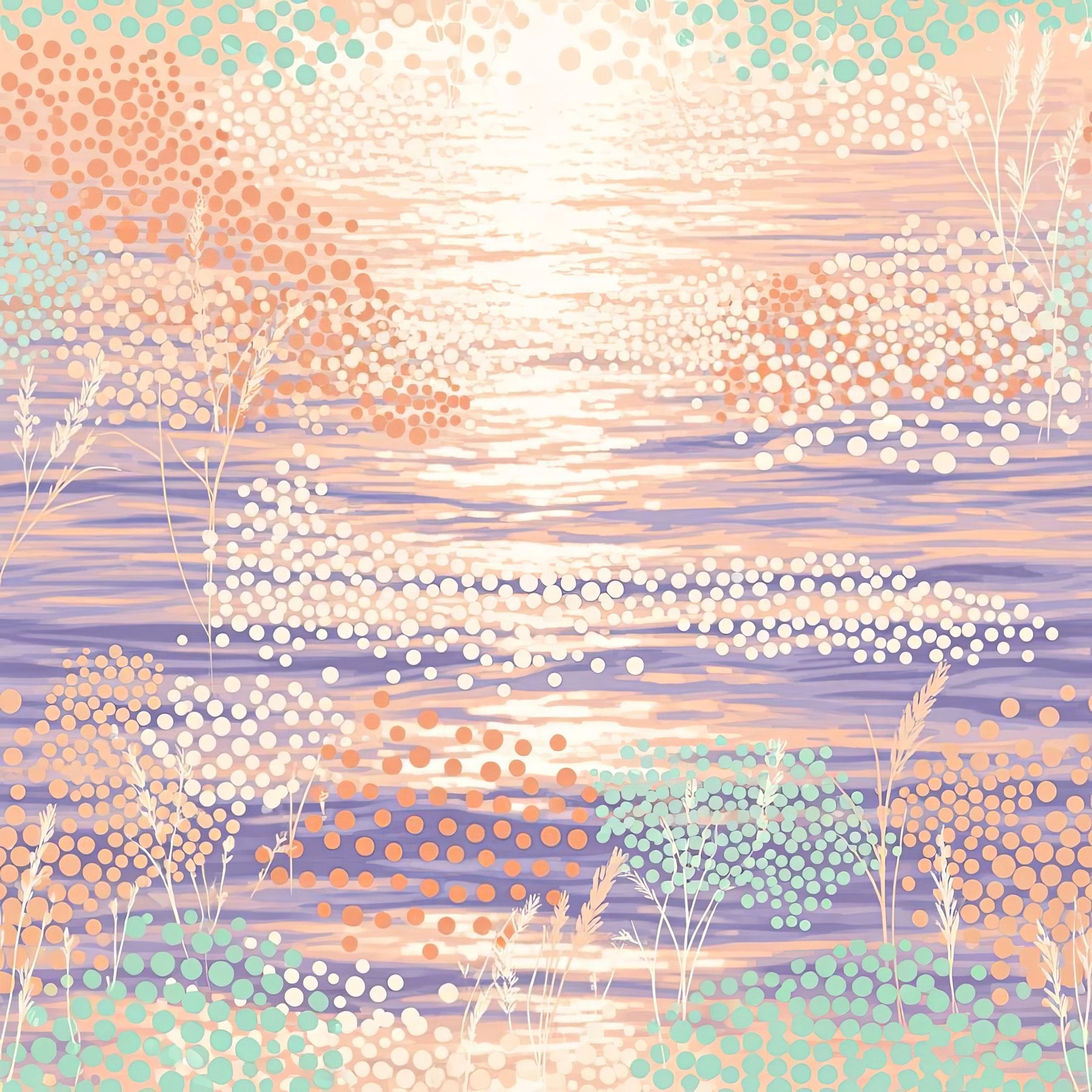 Impressionist Dot Wallpaper, Peach Lavender Beach Pattern, Mint Green Coastal Grass, Soft Tropical Wall Art Decor