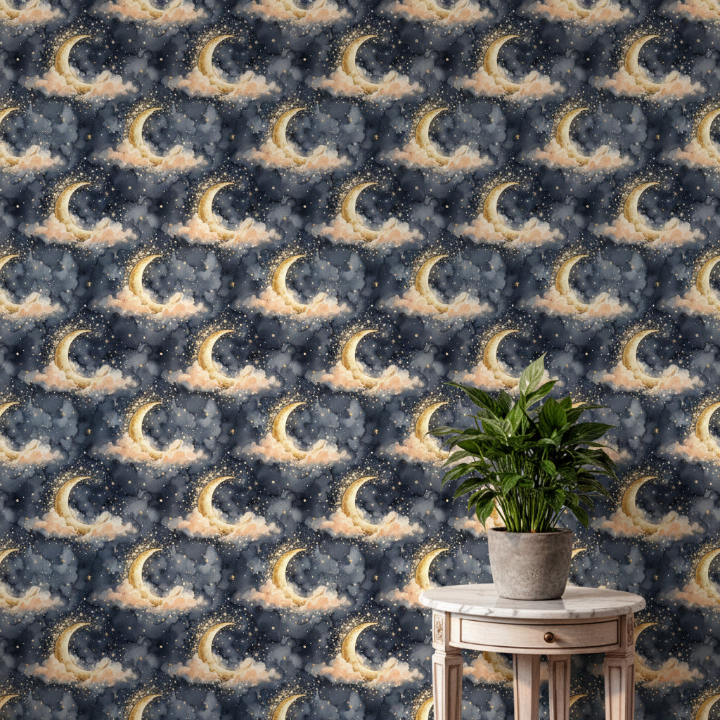 Crescent Moon Watercolor Wallpaper, Dreamy Indigo and Peach Night Sky, Whimsical Starry Pattern, High End Home Decor, Realistic Texture