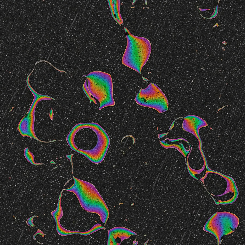 Iridescent Asphalt Rain Wallpaper, Oil Slick Rainbow Pattern, Abstract Wet Street Design, Modern Luxury Wall Covering