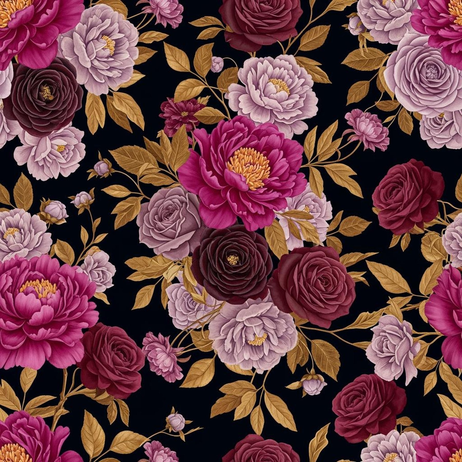 Dark Romantic Floral Wallpaper, Magenta Peony Pattern, Victorian Botanical Design, Luxury Peel Stick Wall Decor