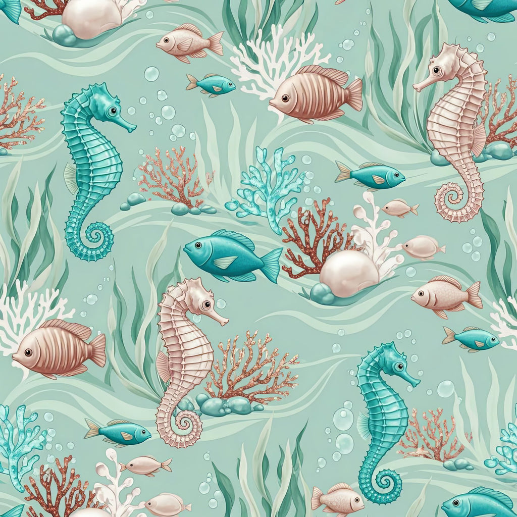 Underwater Seahorse Wallpaper, Ocean Fish Pattern, Aqua Marine Nursery Decor, Kids Room Wall Art, Cute Sea Animals