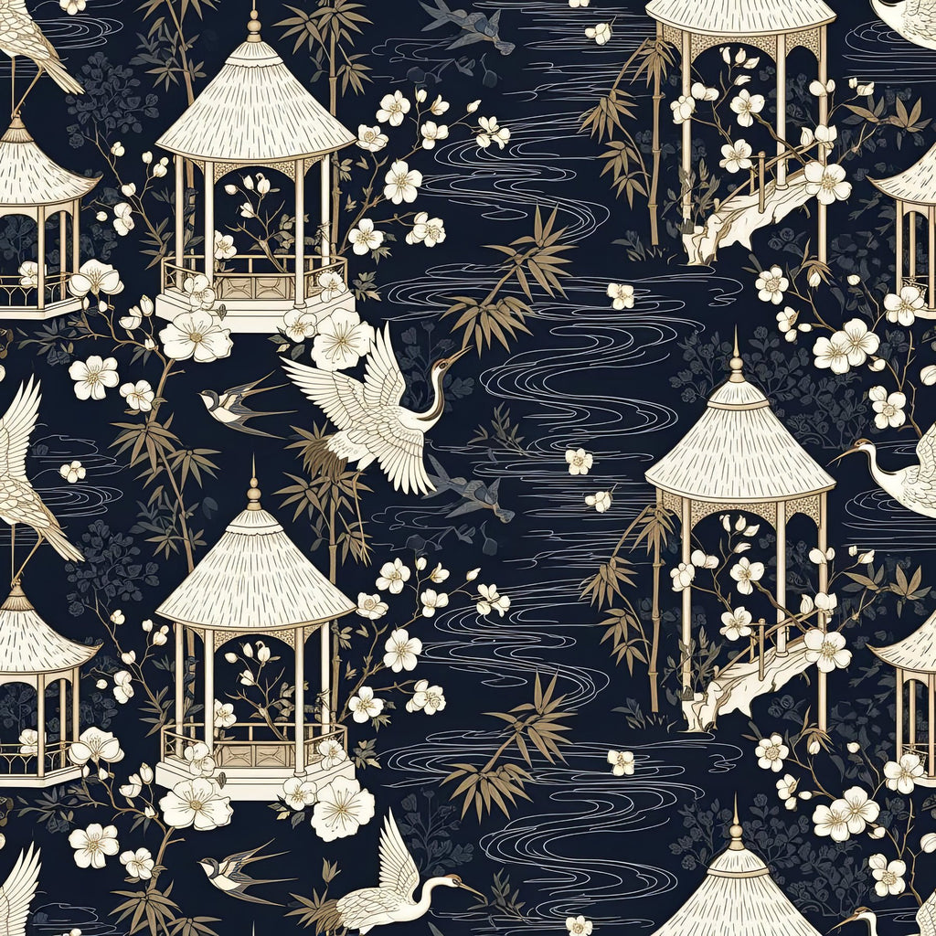 Midnight Blue Chinoiserie, Gold Asian Wallpaper, Oriental Pagoda Pattern, Luxury Eastern Design, Seamless Cultural Wall Art