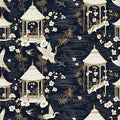 Midnight Blue Chinoiserie, Gold Asian Wallpaper, Oriental Pagoda Pattern, Luxury Eastern Design, Seamless Cultural Wall Art