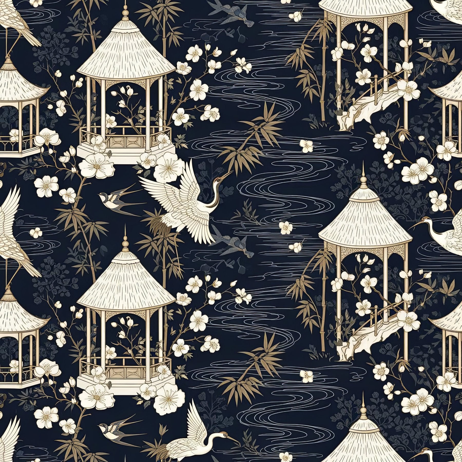 Midnight Blue Chinoiserie, Gold Asian Wallpaper, Oriental Pagoda Pattern, Luxury Eastern Design, Seamless Cultural Wall Art