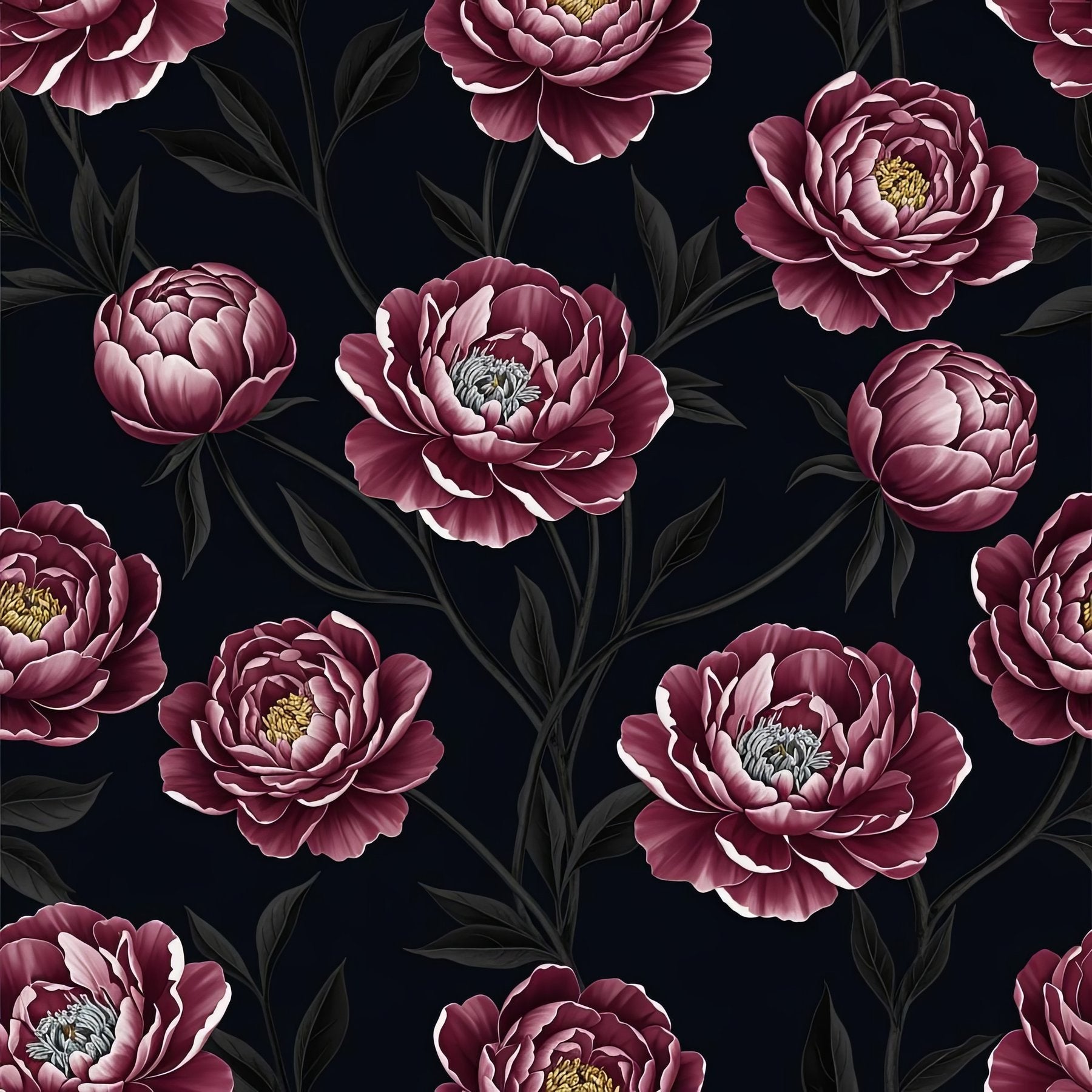 Dark Burgundy Peony Wallpaper, Navy Floral Pattern, Large Scale Botanical Design, Luxury Peel Stick, Dramatic Home Decor