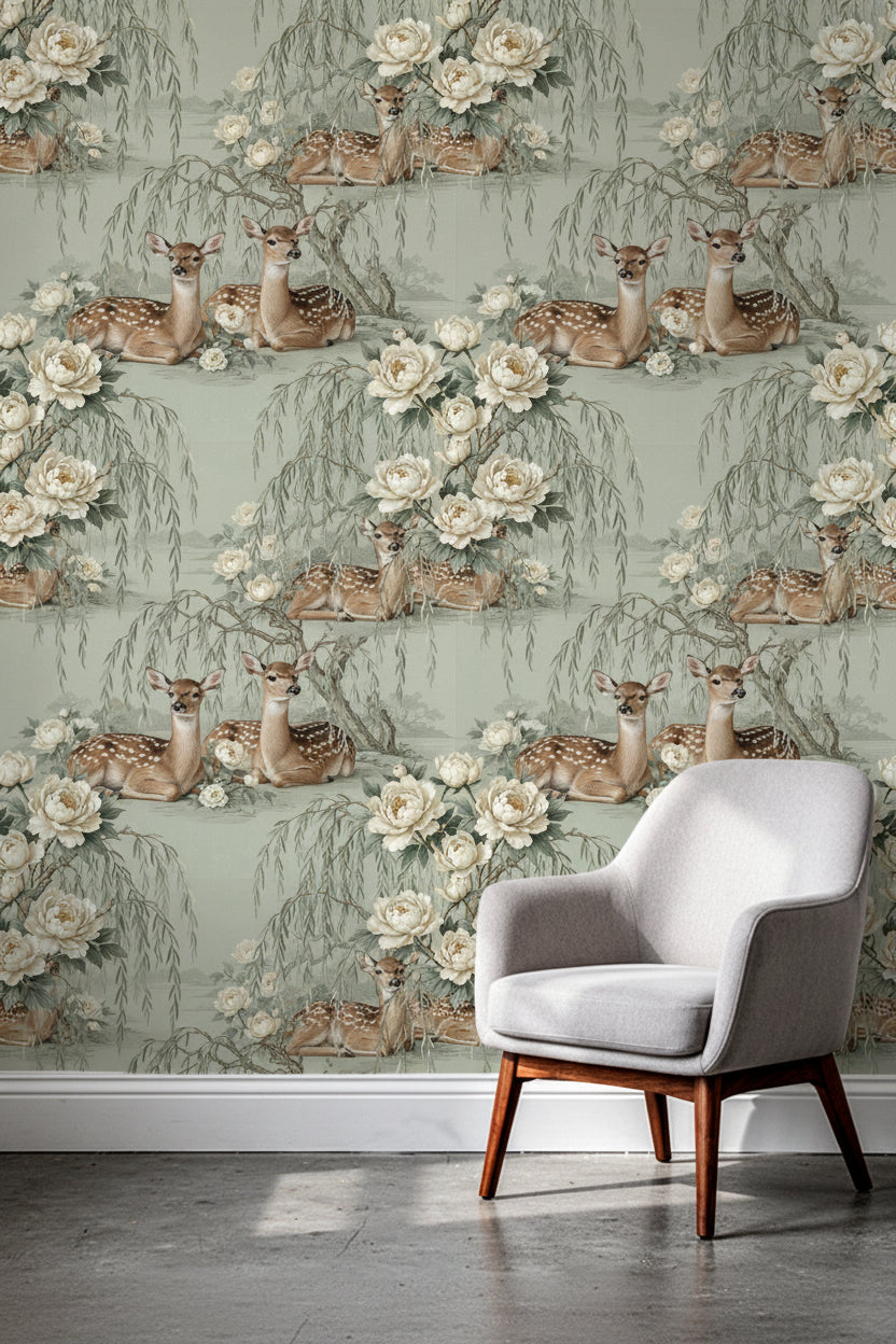 Misty Sage Fawn Chinoiserie Wallpaper, Realistic Deer and Peony Seamless Pattern, Luxury Dreamy Wildlife Mural, Soft Green Nursery Decor