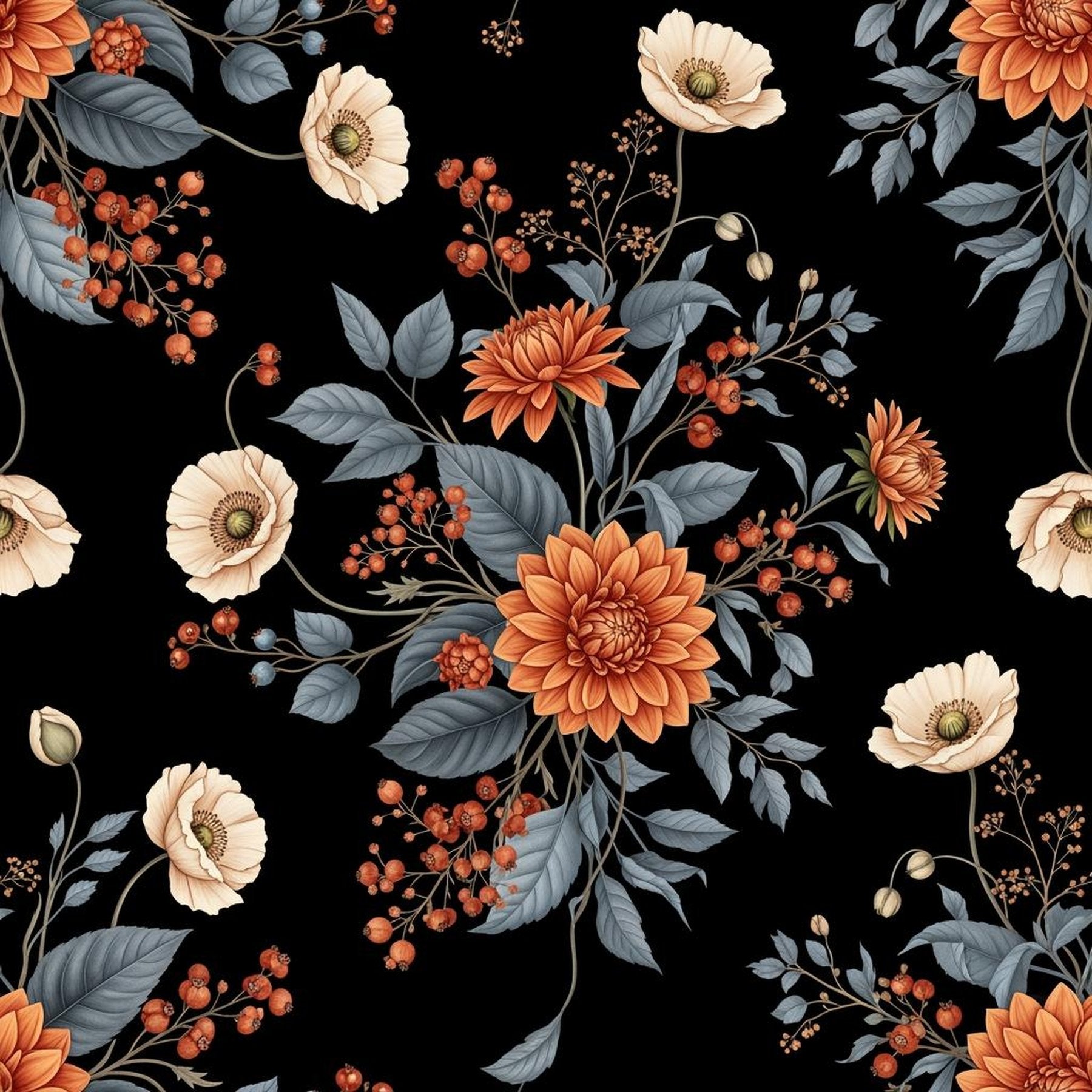 Moody Victorian Dahlia Wallpaper, Dark Botanical Pattern, Black Floral Decor, Romantic Arts & Crafts Wall Art Design