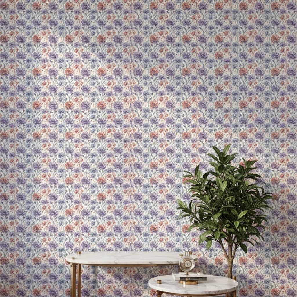 Lavender and Sage Floral Wallpaper, Scandinavian Wildflower Pattern, Hand Painted Gouache Botanical, Luxury Nursery Decor, Seamless Art