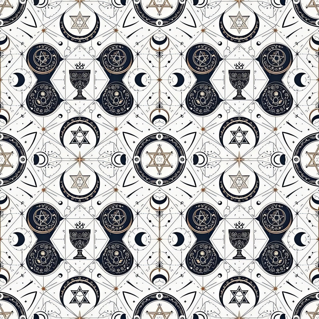 Mystical Geometric Wallpaper, Navy Copper Art Nouveau Pattern, Celestial Moon Star Design, Modern Gothic Home Decor